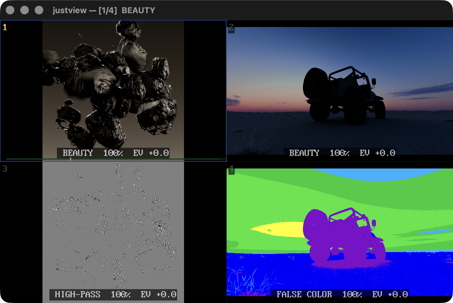 justview showing coal and dunes images with beauty and analysis views across four split panes