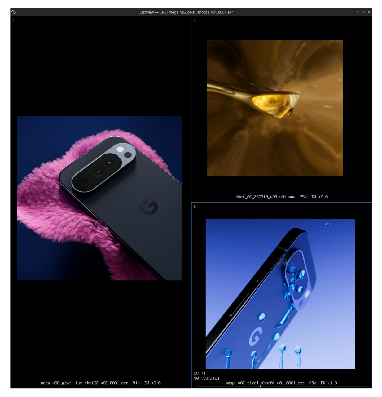 justview showing three image sequence frames in a contact sheet layout